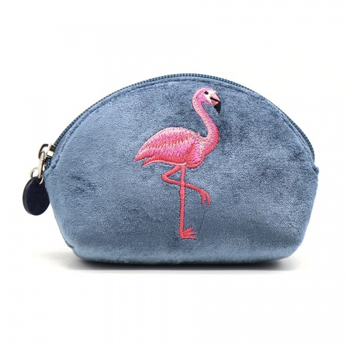 Dusky Blue Velvet Flamingo D Shape Coin Purse by Peace of Mind